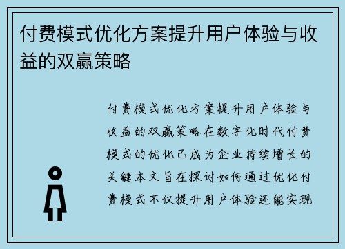 付费模式优化方案提升用户体验与收益的双赢策略